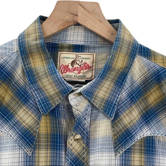 Wrangler Western Shirt Long Sleeve Button Up Pearl Snaps Blue Tan Plaid | Large - Picture 7 of 14